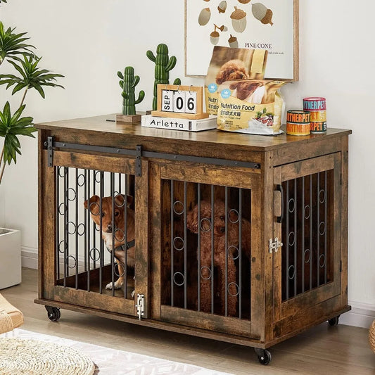 Dog Crate Furniture with Sliding Barn Door, 39" Wooden Dog Kennel End Table with Wheels and Flip-top Plate Dog House with Detac