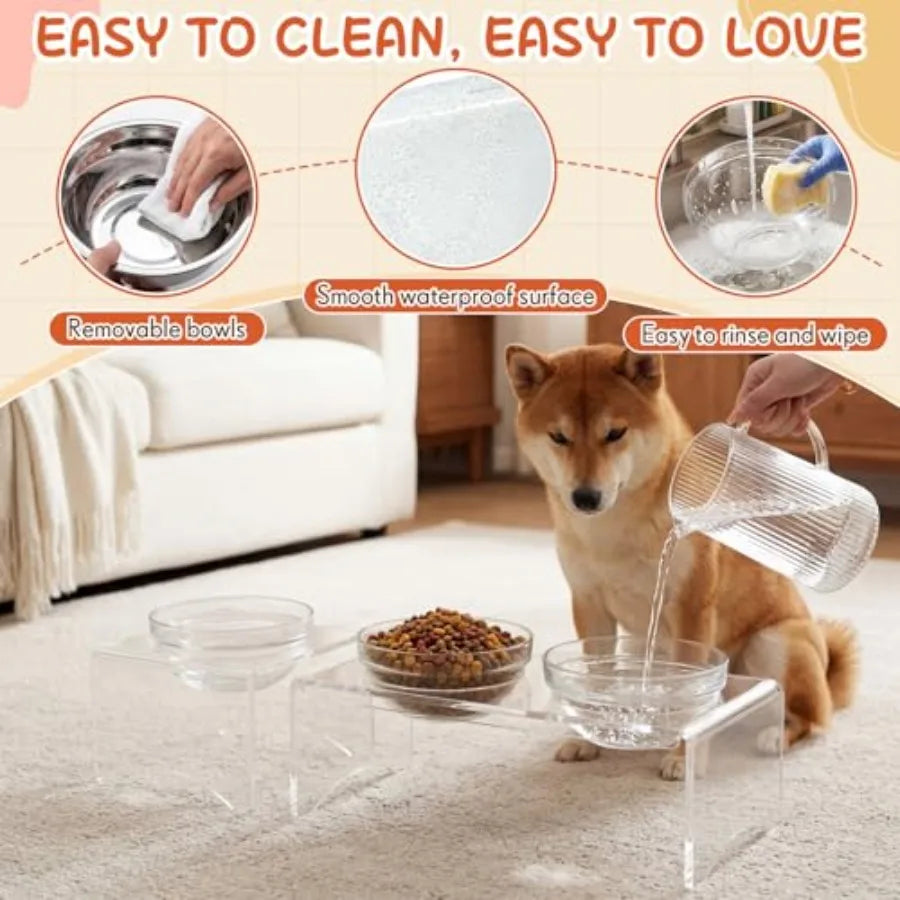 Raised Dog Bowl Stand 3 Bowl Elevated Dog Feeder for Medium Dogs Clear Acrylic Modern Feeding Station with 6 Bowls Glass and St