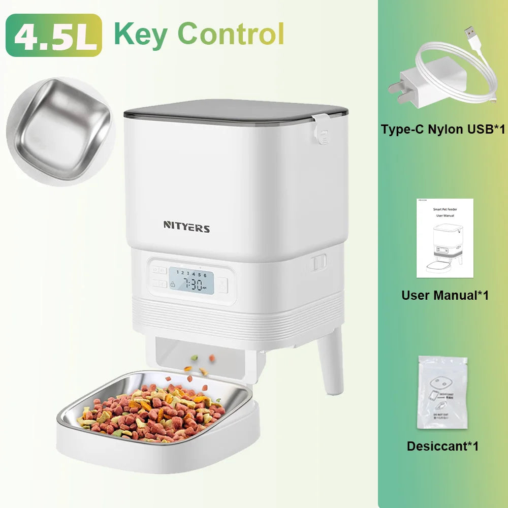 NITYERS 4.5L Automatic Cat Feeder, Timed Dog Food Dispenser with Stainless Steel Bowl, Smart Pet Feeder with Clog-Free Design, Voice Recorder, Dual Power Supply, Portion Control & Meal Planner for Cats and Small Dogs