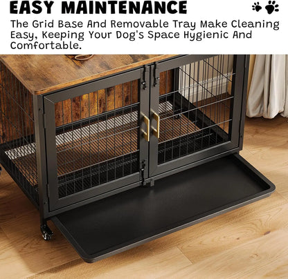 37.4 Inch Wooden Dog Crate Furniture for Small-Medium-Large Dogs, Heavy Duty Dog Kennel Furniture Indoor with Wheels