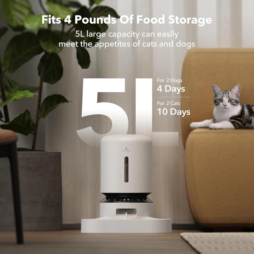 Automatic Feeder, 5G WiFi Pet Feeder for Two Cats or Dogs with Remote Control, 5L Cat Food Dispenser with Low Food Sensor