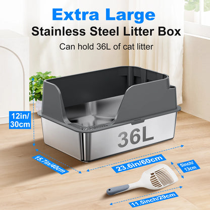Stainless Steel Cat Litter Box,  Extra Large Splash-proof & Leak-proof Litter Box Suitable for Large Cats