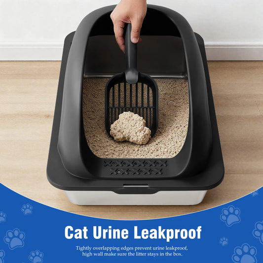 24IN Stainless Steel Cat Litter Box with Lid Large Cat Litter Box for Big Cats Anti-Urine Leakage Scoop and Mat Included
