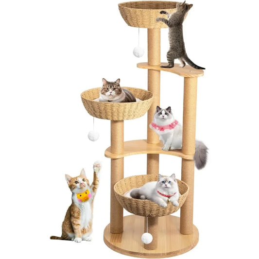 Modern Cats Tree Tower, Oak Wood Cat Tree for Large Cats with 3 Weaving Cat Nests, Multi-Level Cat Condo with 8 Scratching Posts