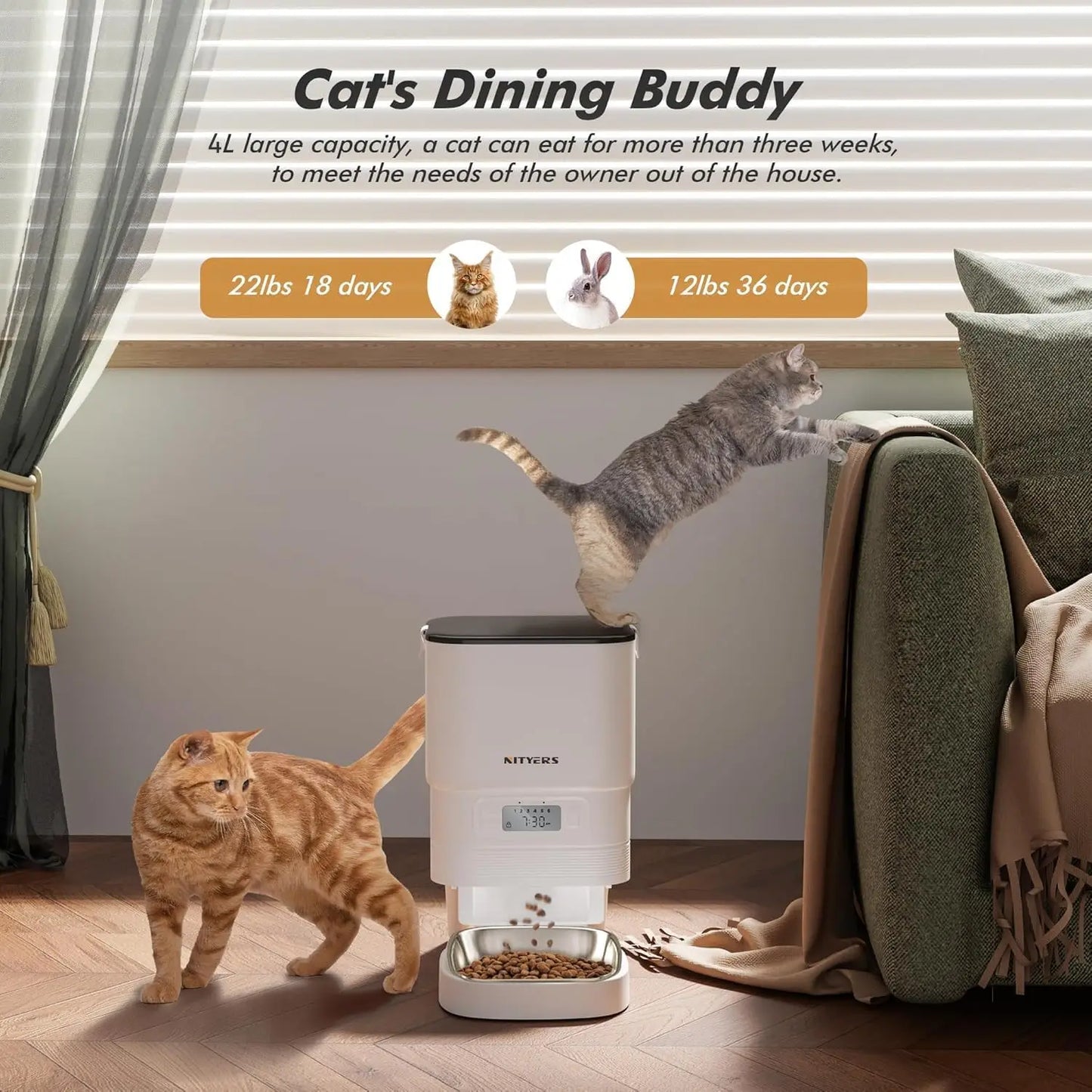 NITYERS 4.5L Automatic Cat Feeder, Timed Dog Food Dispenser with Stainless Steel Bowl, Smart Pet Feeder with Clog-Free Design, Voice Recorder, Dual Power Supply, Portion Control & Meal Planner for Cats and Small Dogs