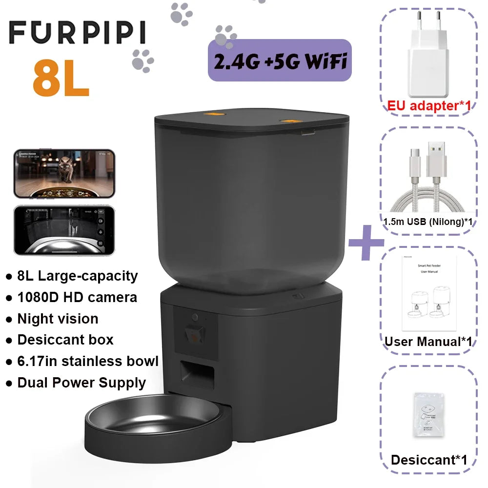 Automatic Cat Feeders with 1080P HD Camera 5G WiFi Large Capacity Pet Feeder Tuya APP Control Smart Dog Cat Kibble Dispenser