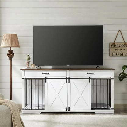 72.5" Large Dog Crate Furniture for 2 Dogs, Wooden Dog Kennel with Drawers, Divider, Sliding Barn Door, Water Resistant Indoor