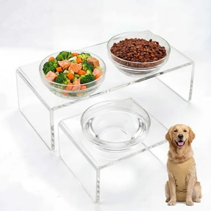 Raised Dog Bowl Stand 3 Bowl Elevated Dog Feeder for Medium Dogs Clear Acrylic Modern Feeding Station with 6 Bowls Glass and St