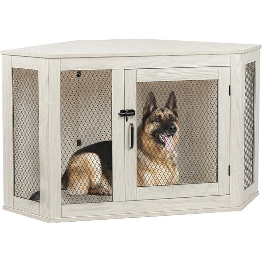 Masterpiece  52 Inch Corner Dog Crate Furniture,Wooden Dog Kennel Furniture With Mesh,Decorative Wood Dog House For Small