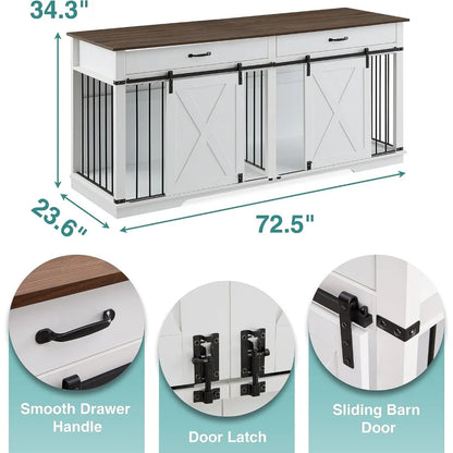 72.5" Large Dog Crate Furniture for 2 Dogs, Wooden Dog Kennel with Drawers, Divider, Sliding Barn Door, Water Resistant Indoor