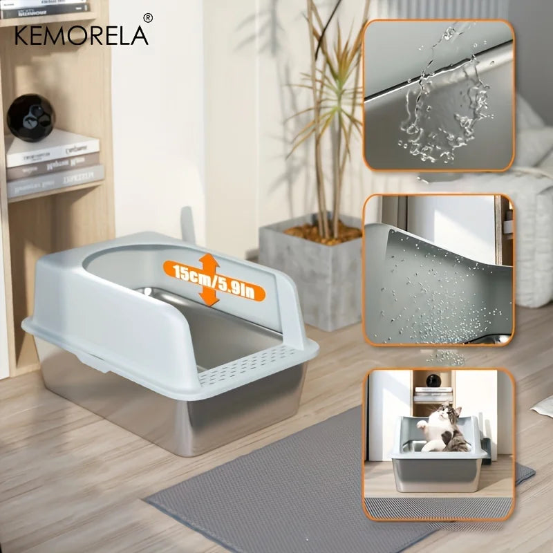 Stainless Steel Litter Box With Litter Mat And Litter Spade Lid High Side Suitable For Large Cats Closed Litter Tray With Spoon