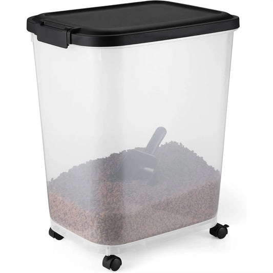 Pet Food Storage Container with Rolling Wheels, BPA-Free, Detachable Scoop, 50lbs Capacity for Dog or Cat Kibble