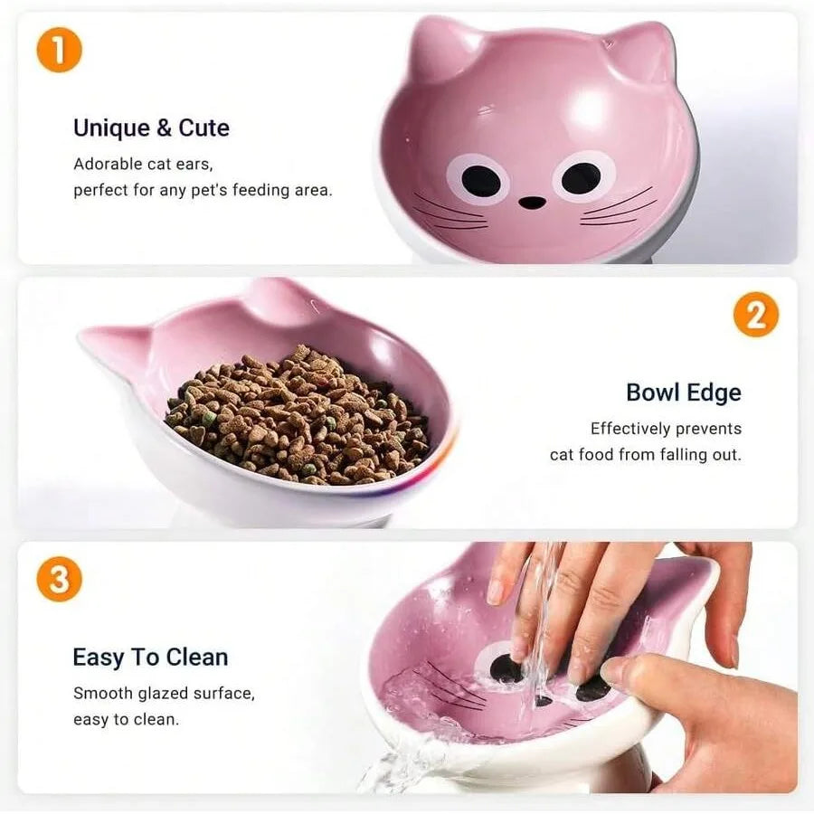 【New Arrival】Cute Cat Face Elevated Ceramic Cat Bowl, Tilted Pink Feeder with Raised Stand, Anti-Vomiting for Cats & Small Dogs
