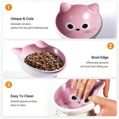 【New Arrival】Cute Cat Face Elevated Ceramic Cat Bowl, Tilted Pink Feeder with Raised Stand, Anti-Vomiting for Cats & Small Dogs