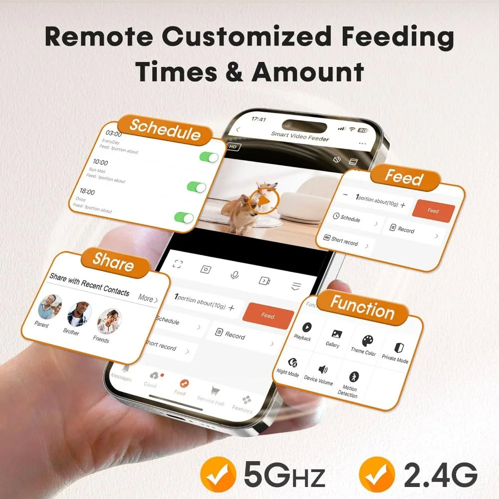 Automatic Feeder with Camera WiFi: 5G App Control Easy Setup Food Dispenser - HD 1080P Video Recording Timed Pet Feeder