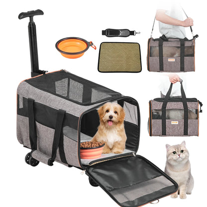 Cat Carrier With Wheels, Airline Approved Rolling Pet Carrier With Telescopic Handle And Shoulder Strap