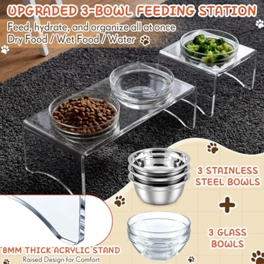 Raised Dog Bowl Stand 3 Bowl Elevated Dog Feeder for Medium Dogs Clear Acrylic Modern Feeding Station with 6 Bowls Glass and St