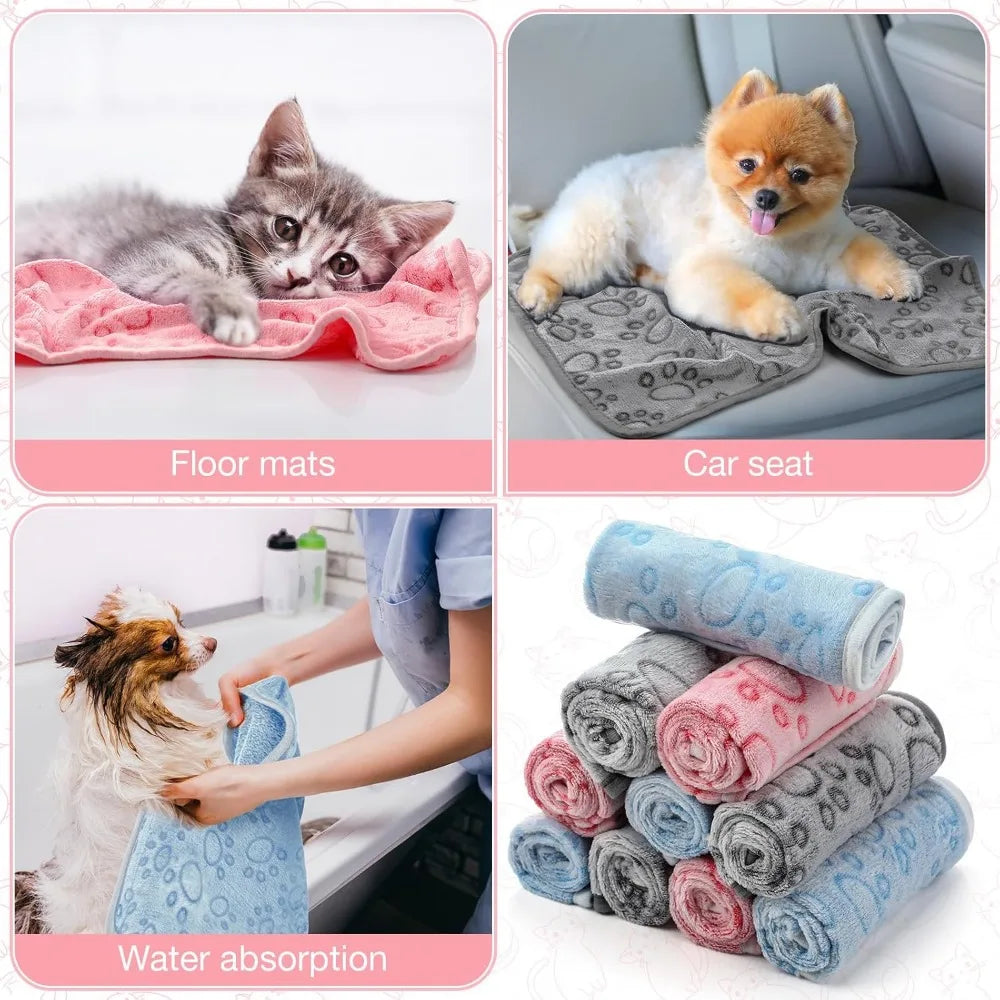 12 Pieces Pet Blanket Soft Fleece Dog Fluffy Doggie Warm Felt Throw Spring Cute Paw Print Puppy Kitten Sleep Mat Bed Covers for