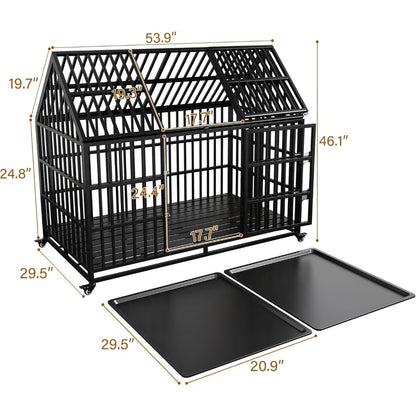 Heavy Duty Dog Crate for Large Giant Dogs, Metal Pet Cage Dog Kennel with Roof Strong Playpen, 54'' Dog Cage with Sturdy Latches
