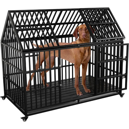 Heavy Duty Dog Crate for Large Giant Dogs, Metal Pet Cage Dog Kennel with Roof Strong Playpen, 54'' Dog Cage with Sturdy Latches