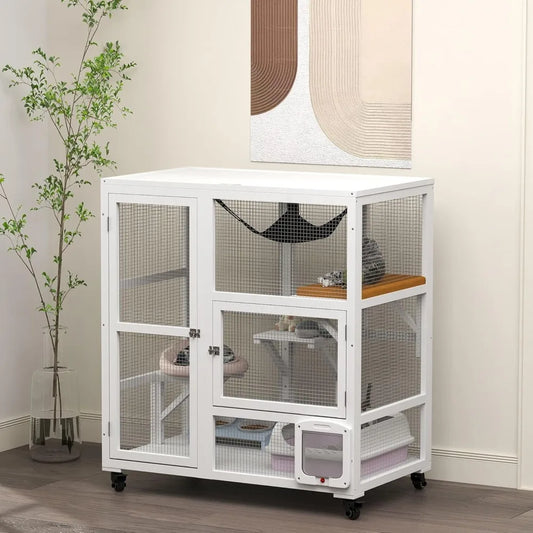 Indoor Wooden Catio, Cat House Cat Enclosure on Wheels with 3 Platforms, Hammock, Cat Flap Door & Openable Top