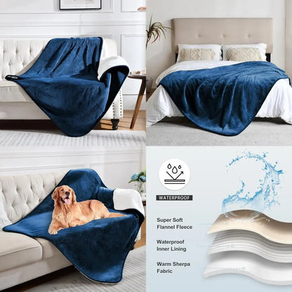 Waterproof Blanket for Bed Couch Sofa, Soft Liquid Pee Proof Pet Blanket for Dog Puppy Cat, Reversible Sherpa Fleece Furniture P