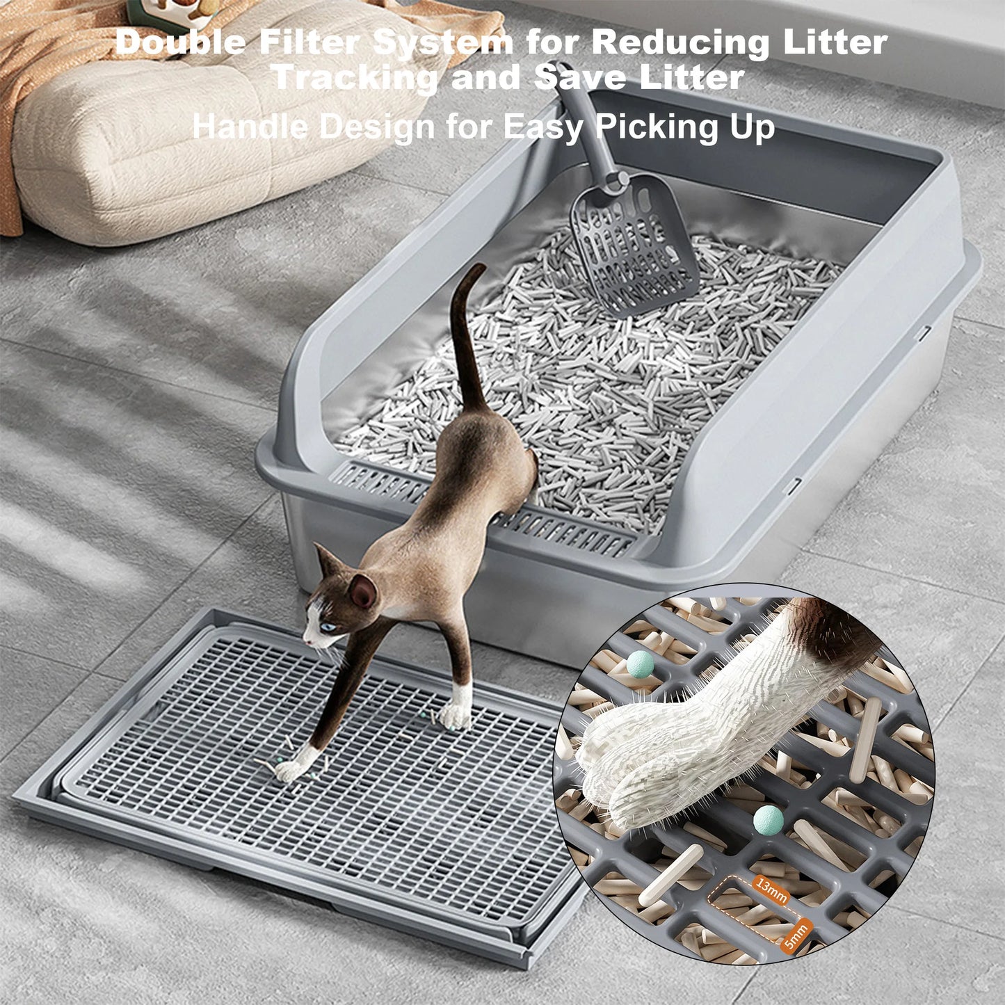 Stainless Steel Cat Litter Box, Litter Box With High Sided For Big Cats, Double Layer Litter Mat And Scoop Included