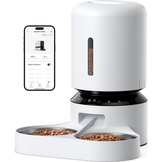 Automatic Feeder, 5G WiFi Pet Feeder for Two Cats or Dogs with Remote Control, 5L Cat Food Dispenser with Low Food Sensor