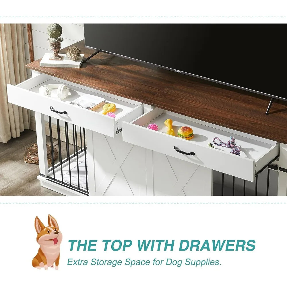 72.5" Large Dog Crate Furniture for 2 Dogs, Wooden Dog Kennel with Drawers, Divider, Sliding Barn Door, Water Resistant Indoor