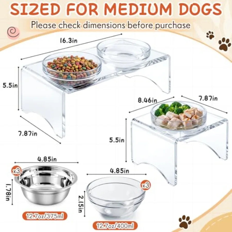 Raised Dog Bowl Stand 3 Bowl Elevated Dog Feeder for Medium Dogs Clear Acrylic Modern Feeding Station with 6 Bowls Glass and St