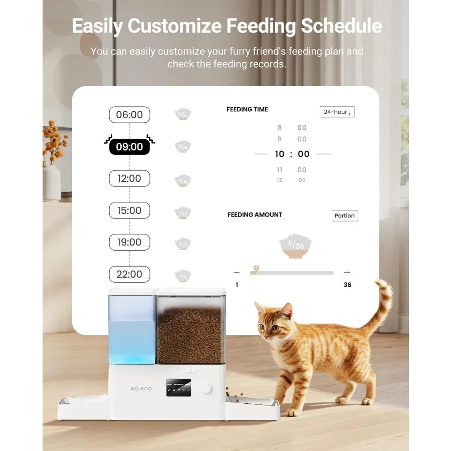 36Cups 8.5L WiFi Automatic Cat Feeder with Gravity Water Dispenser and Stainless Steel Bowls 2in1 Large Capacity 5L Food Dispen