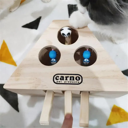 Cat Hunt Toy Chase Mouse Solid Wooden Interactive Maze Pet Hit Hamster with 3/5-holed Mouse Hole Catch Bite Catnip Funny Toy