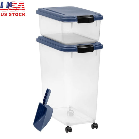 Airtight Pet Food Container Set with Scoop 40L and 14L Durable Storage Bin Dogs Cats Treats Easy Access Wheels