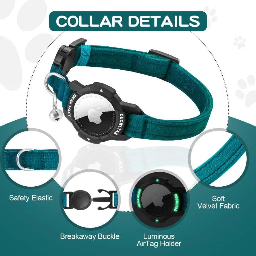 Luminous AirTag Cat Collar Breakaway GPS Cat Collar with Apple Air Tag Holder Cat Tracker Collars with Safety Elastic Band for