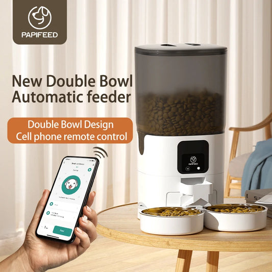 PAPIFEED double bowl smart automatic pet food dispenser 7L large capacity connect wifi timer dosing
