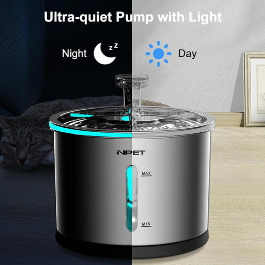 NPET Water Fountain Stainless Steel, 50oz/1.5L Dishwasher Safe Pet Water Fountain with Visible Window Light