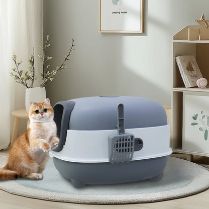 Oval Oblong Hooded Cat Litter Box Tray Front Entry Enclosed Toilet with Litter Scoop for Kittens Cat
