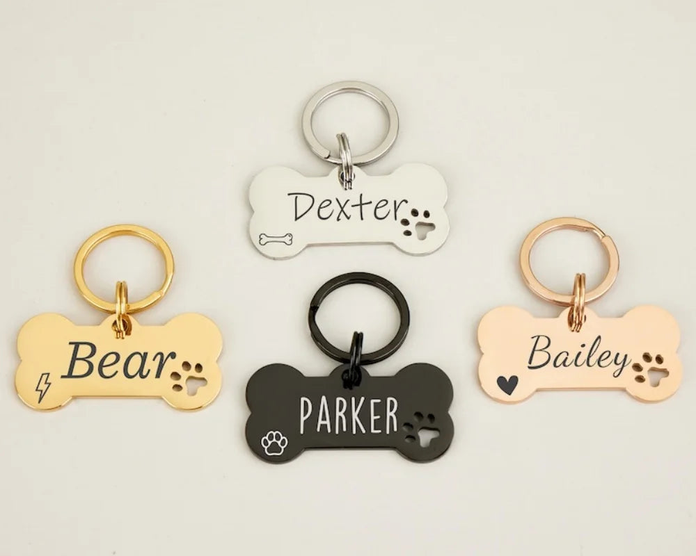 Bone Stainless Steel Dog ID Tag Custom Engraved with Name Personalized Logo Black Pet Memorial Gift Durable Collar Keepsake