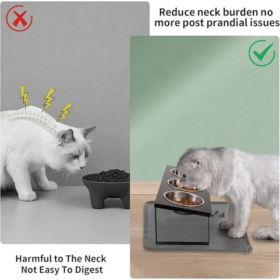 【New Arrival】15° Tilted Raised Cat Feeder with 3 Stainless Steel Bowls, Neck-Friendly Pet Food Water Bowls to Reduce Vomiting