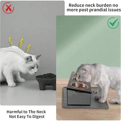 【New Arrival】15° Tilted Raised Cat Feeder with 3 Stainless Steel Bowls, Neck-Friendly Pet Food Water Bowls to Reduce Vomiting