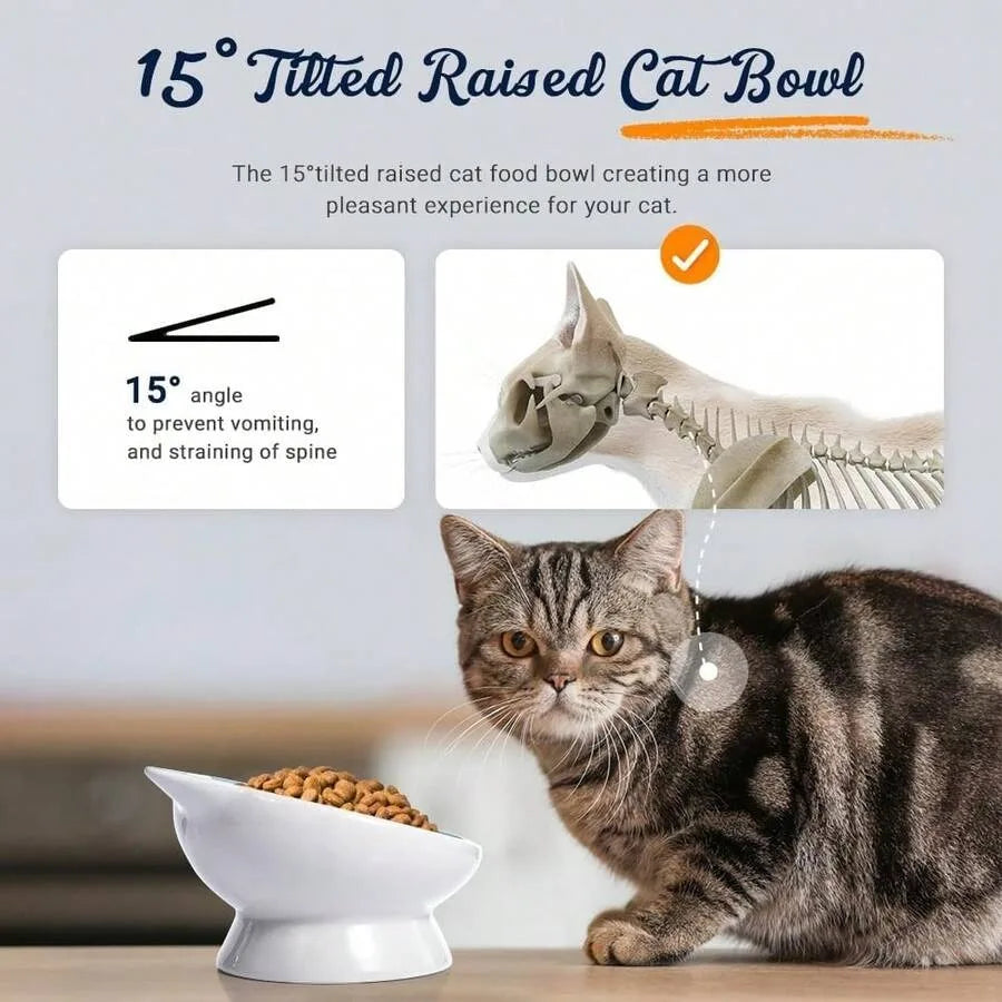 【New Arrival】Cute Cat Face Elevated Ceramic Cat Bowl, Tilted Pink Feeder with Raised Stand, Anti-Vomiting for Cats & Small Dogs