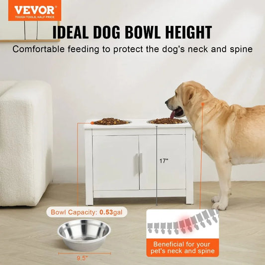 Pet Feeding Station w/ 2 Elevated Dog Bowls Dog Food and Toy Storage Cabinet