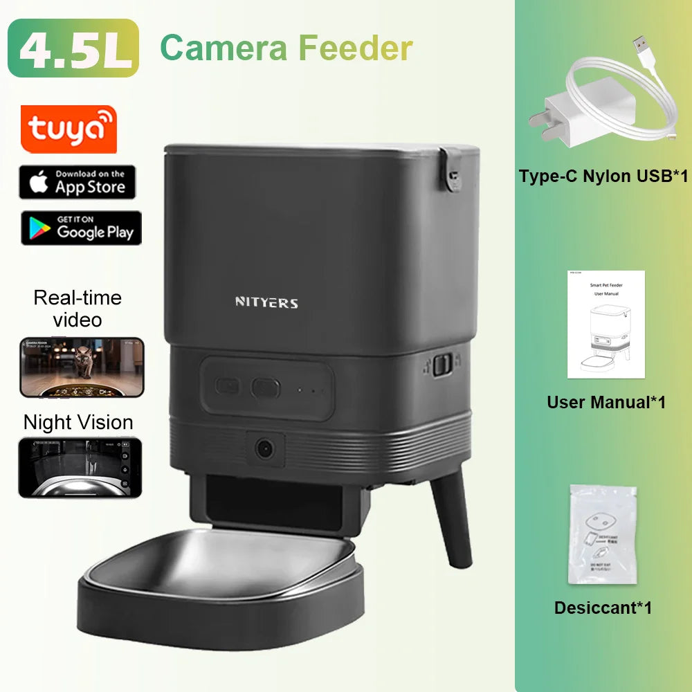NITYERS 4.5L Automatic Cat Feeder, Timed Dog Food Dispenser with Stainless Steel Bowl, Smart Pet Feeder with Clog-Free Design, Voice Recorder, Dual Power Supply, Portion Control & Meal Planner for Cats and Small Dogs