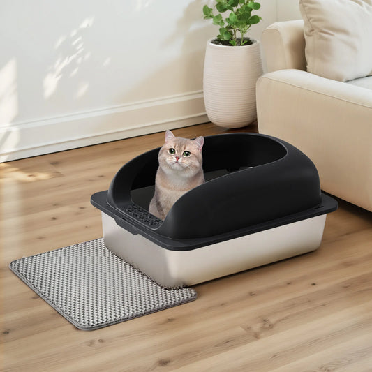 24IN Stainless Steel Cat Litter Box with Lid Large Cat Litter Box for Big Cats Anti-Urine Leakage Scoop and Mat Included