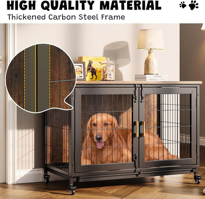 37.4 Inch Wooden Dog Crate Furniture for Small-Medium-Large Dogs, Heavy Duty Dog Kennel Furniture Indoor with Wheels