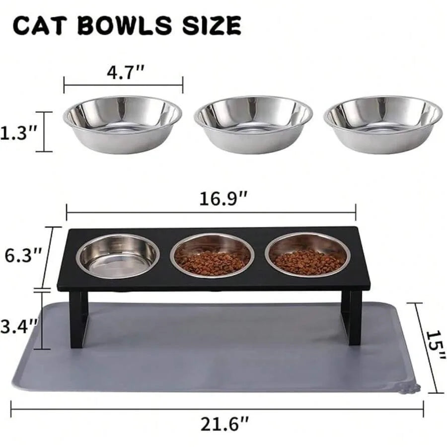 【New Arrival】15° Tilted Raised Cat Feeder with 3 Stainless Steel Bowls, Neck-Friendly Pet Food Water Bowls to Reduce Vomiting