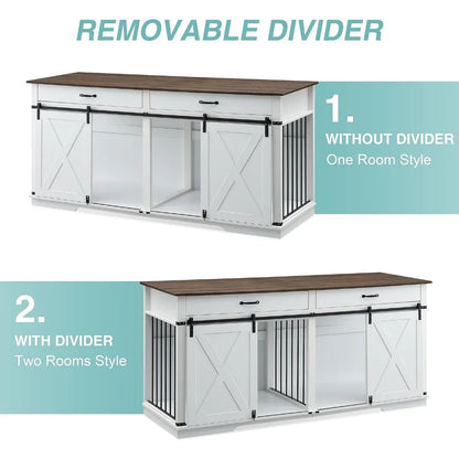 72.5" Large Dog Crate Furniture for 2 Dogs, Wooden Dog Kennel with Drawers, Divider, Sliding Barn Door, Water Resistant Indoor