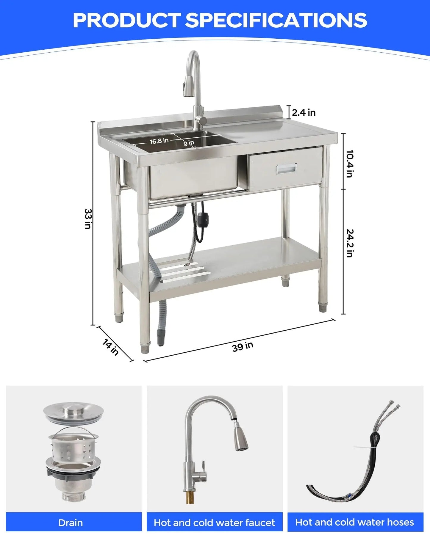 Stainless Steel Utility Sink with Drawer & Work Table 39x20in Laundry Sink with Pull Out Faucet For Kitchen Garage Shop Basement