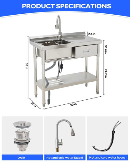 Stainless Steel Utility Sink with Drawer & Work Table 39x20in Laundry Sink with Pull Out Faucet For Kitchen Garage Shop Basement