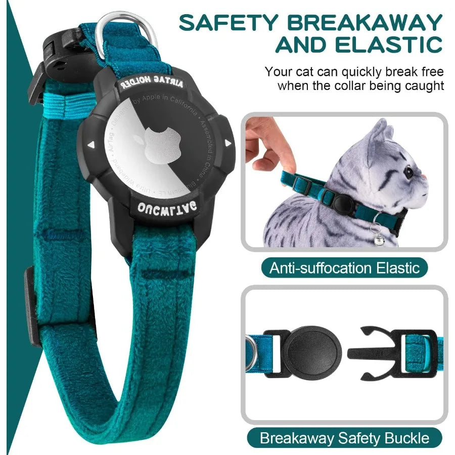 Luminous AirTag Cat Collar Breakaway GPS Cat Collar with Apple Air Tag Holder Cat Tracker Collars with Safety Elastic Band for